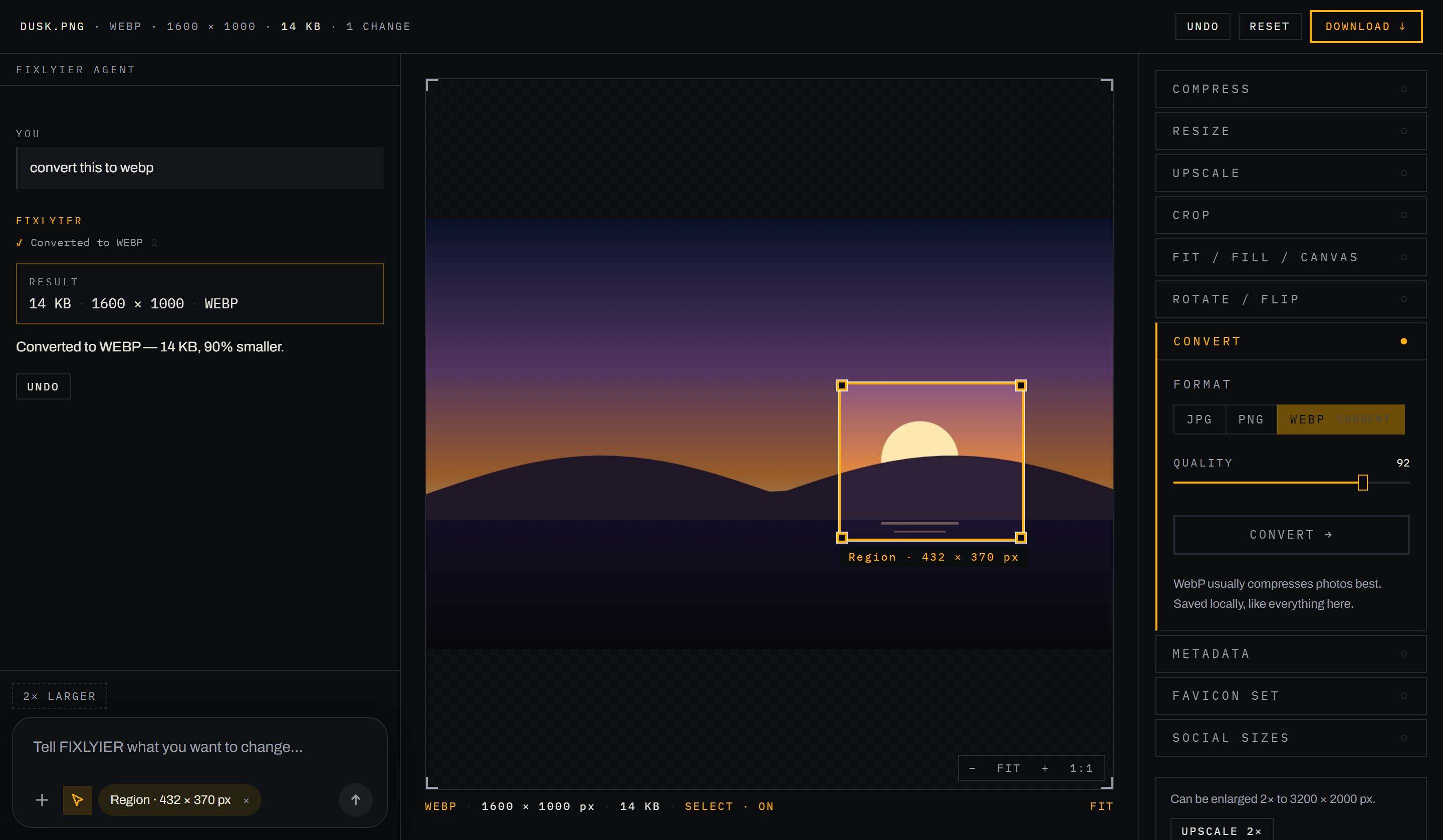 The FIXLYIER Workbench with an image open, a region selected in Visual Mode